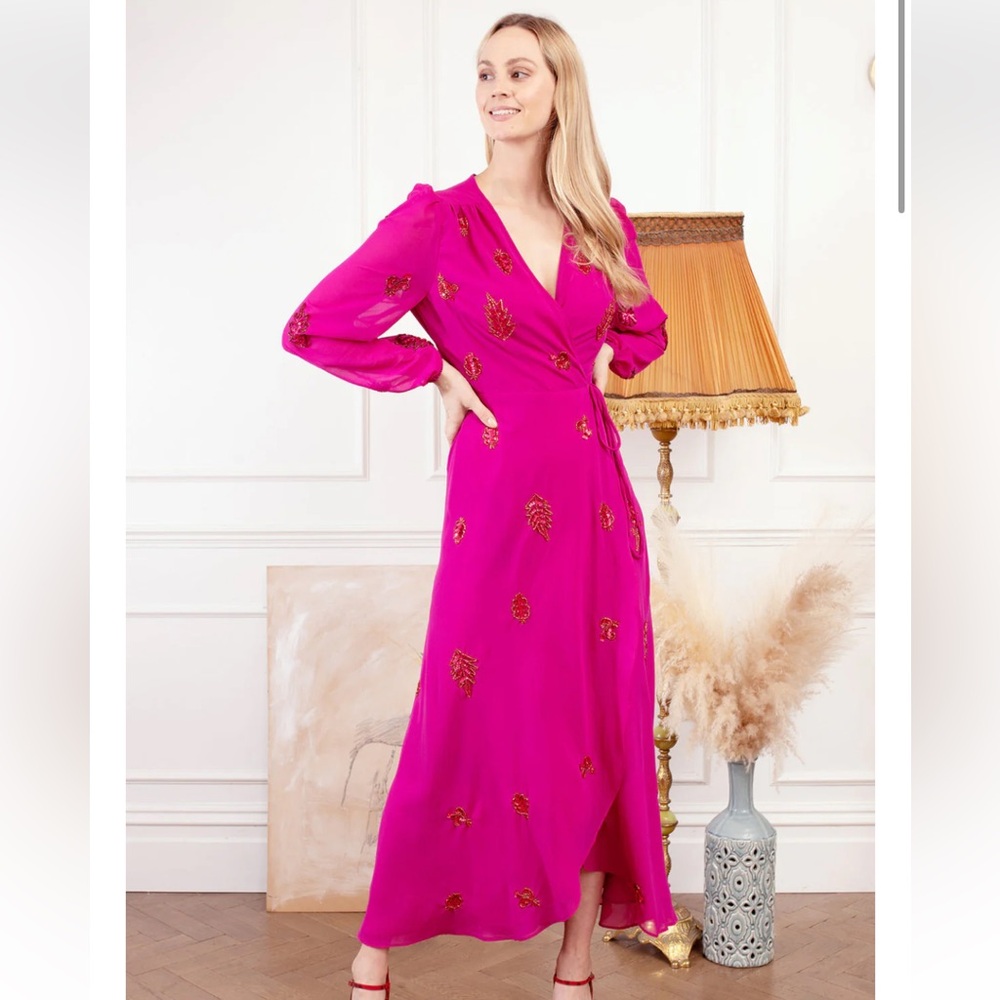 ASOS Magenta Sheer Wrap Dress with Floral Embellishment